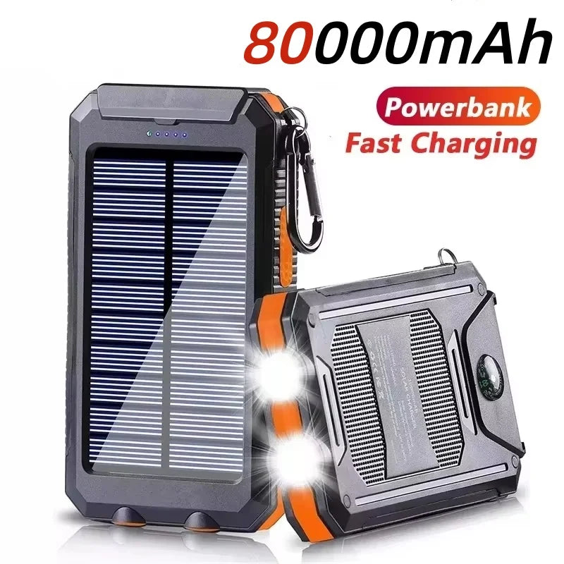 80,000mAh Solar Power Bank – Fast Charging, Dual Flashlight & Built-in Compass