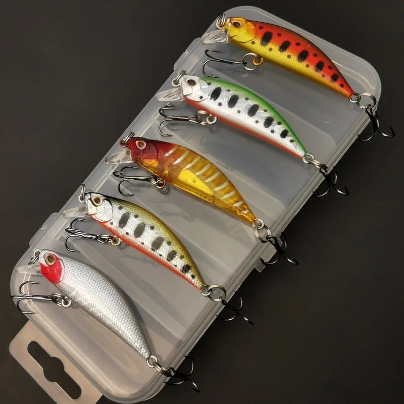 ANFS 5pcs Hard Fishing Lure Set - Minnow Baits with 3D Eyes & Tackle Box - Topwater/Mid-Water