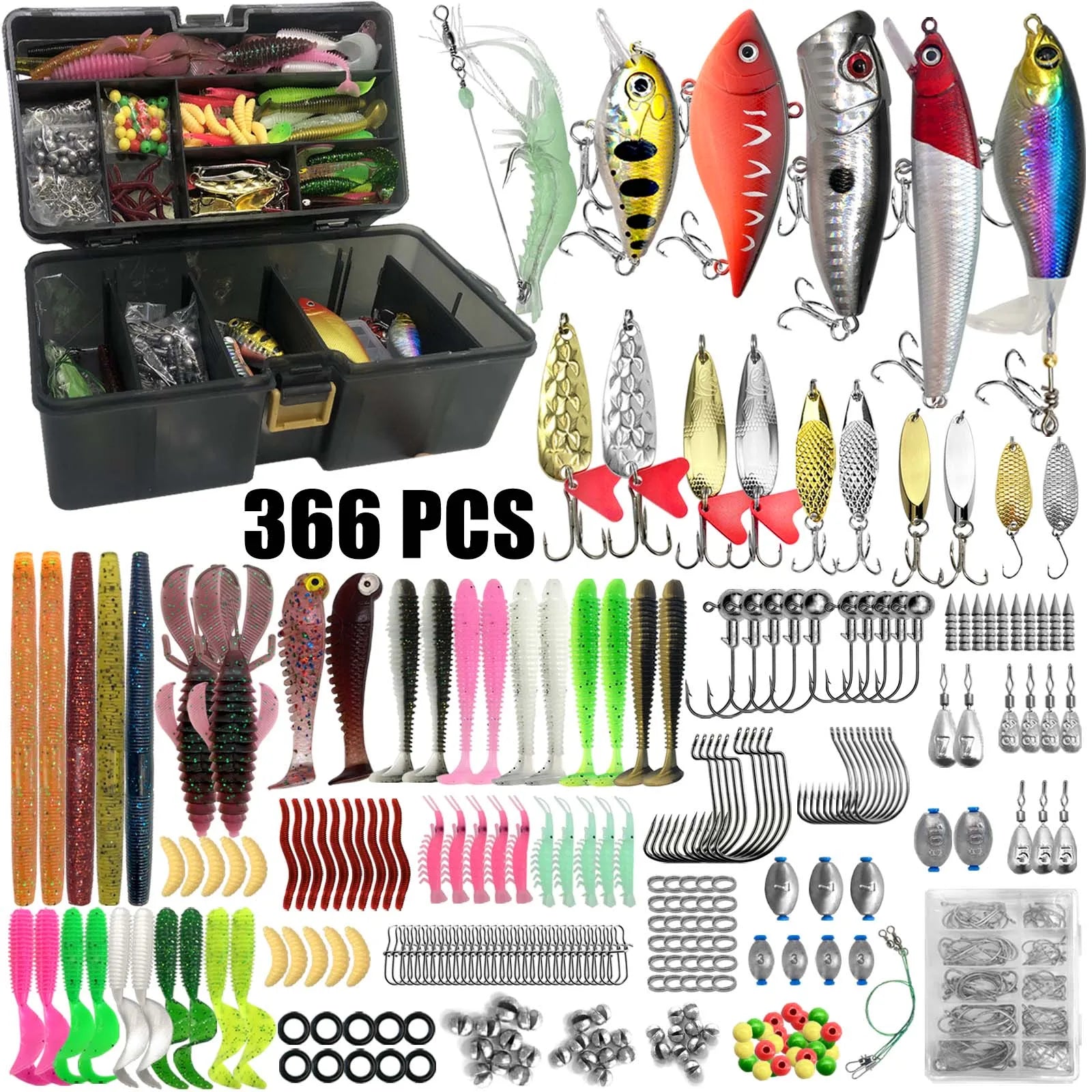 366pcs Fishing Lure Kit Set - Complete Tackle Box with Hard Baits, Soft Lures, Hooks & Accessories