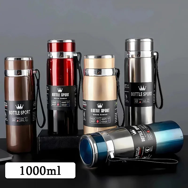 1-liter thermos bottle for water, tea, and coffee.