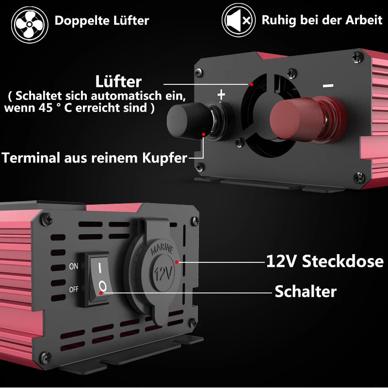 1000W Power Inverter (4000W Peak) DC 12V to AC 220V – High Performance