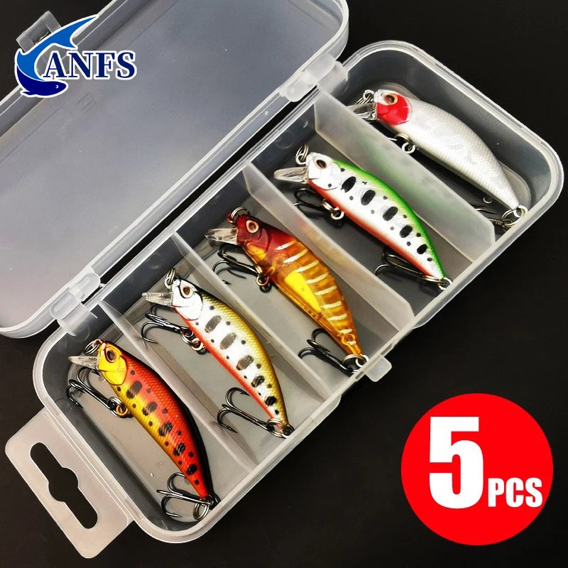 ANFS 5pcs Hard Fishing Lure Set - Minnow Baits with 3D Eyes & Tackle Box - Topwater/Mid-Water