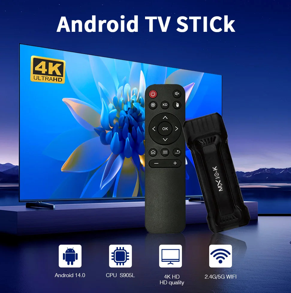 Android TV Stick 4K Ultra HD – Android 14.0, Dual Band WiFi & S905L CPU