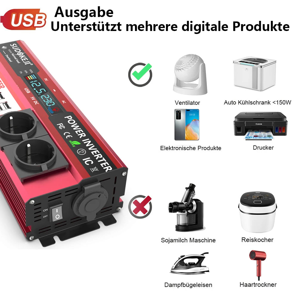 1000W Power Inverter (4000W Peak) DC 12V to AC 220V – High Performance