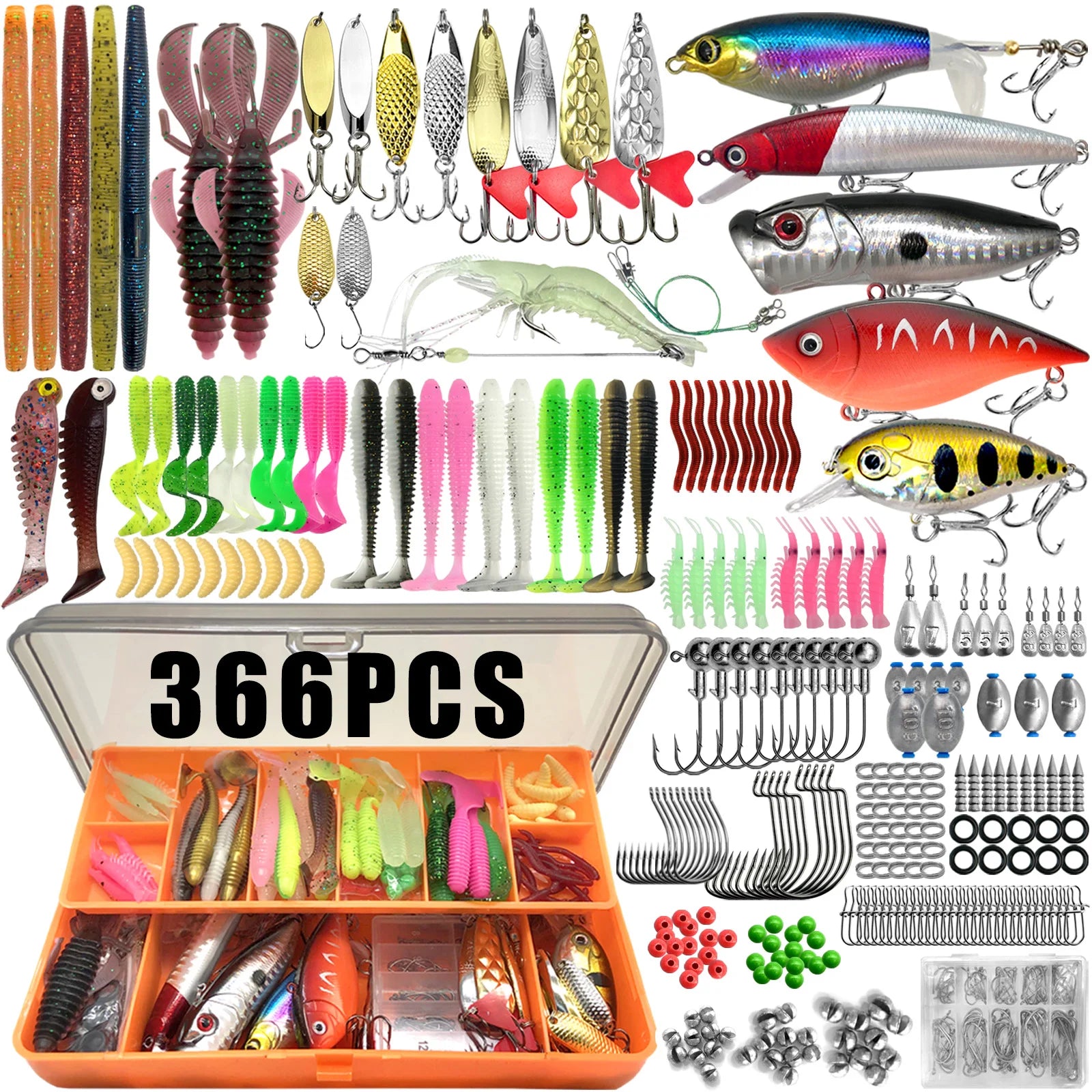 366pcs Fishing Lure Kit Set - Complete Tackle Box with Hard Baits, Soft Lures, Hooks & Accessories